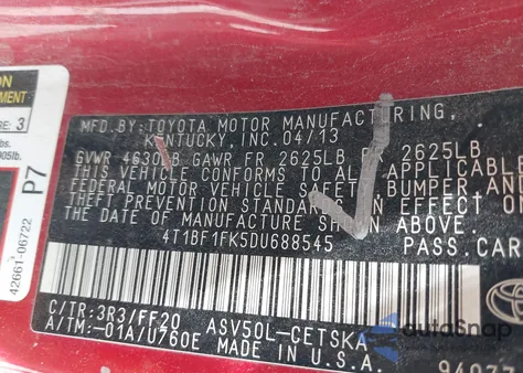 2013 Toyota Camry Se из США, поврежденный, VIN 4T1BF1FK5DU688545